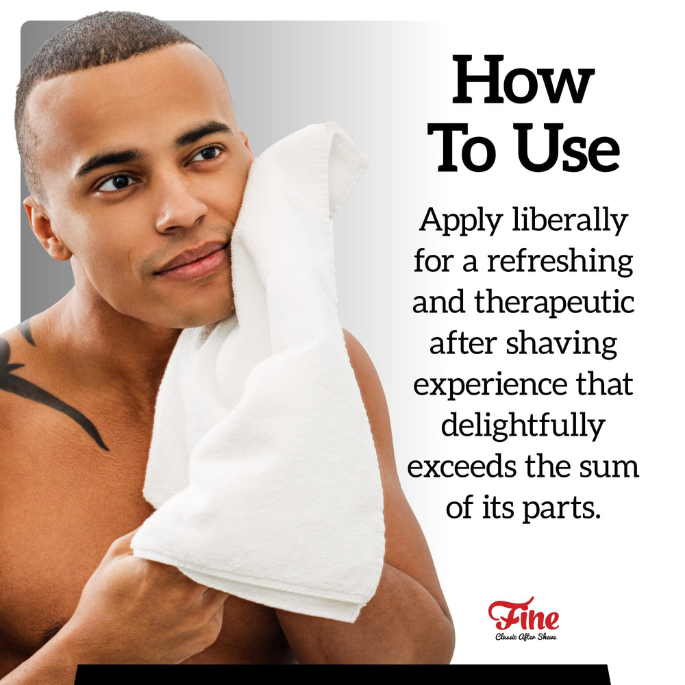 Fine aftershave alcohol-based formula label emphasizes quick, non-sticky finish.