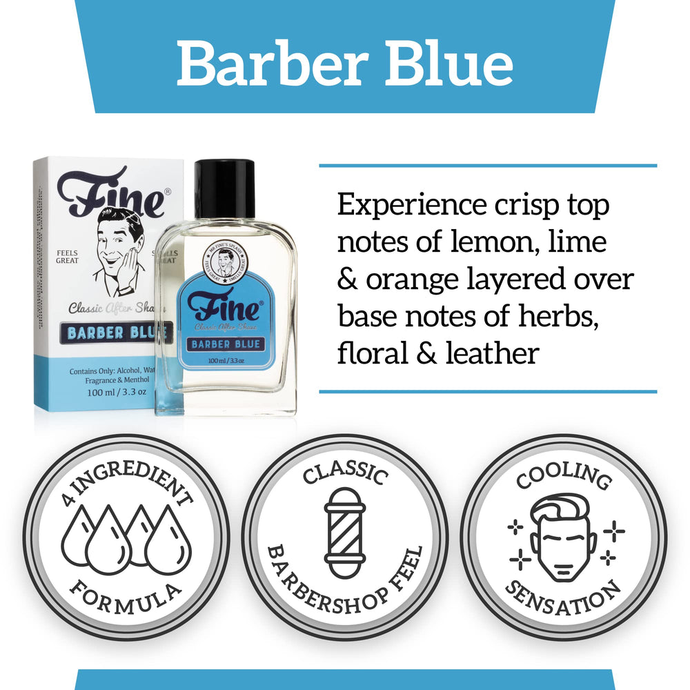 Fine barber-blue fragrance packaging highlights minimal ingredients for a clean routine.