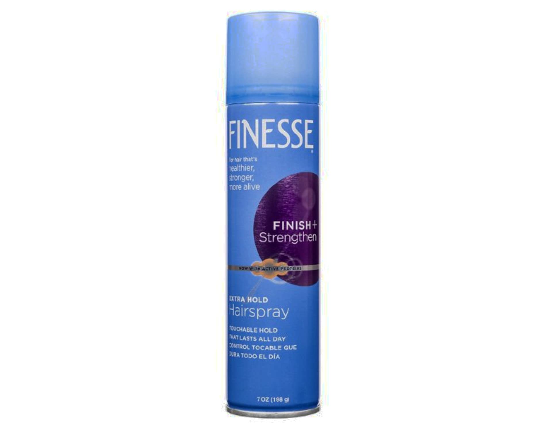 Finesse Extra Hold hairspray can side view unscented formula for all-day hold.