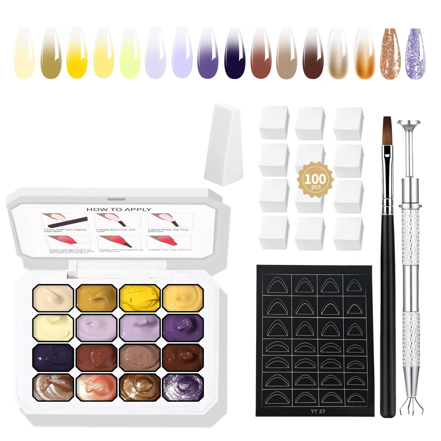 Finger Secret 16 colors ombre pat kit with sponges for smooth gradients.