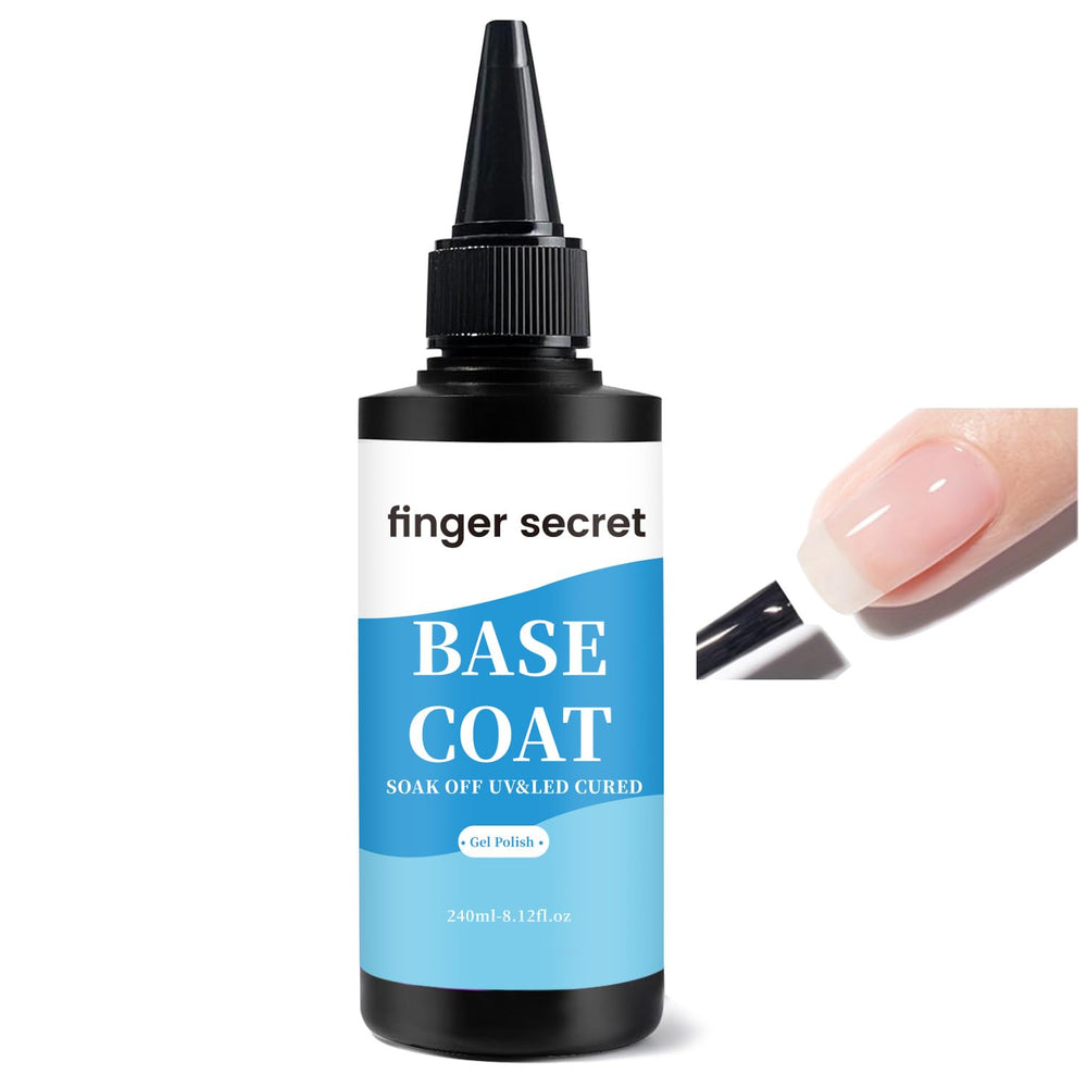 Finger Secret Base Coat bottle close-up showing glossy finish and fast-dry potential.