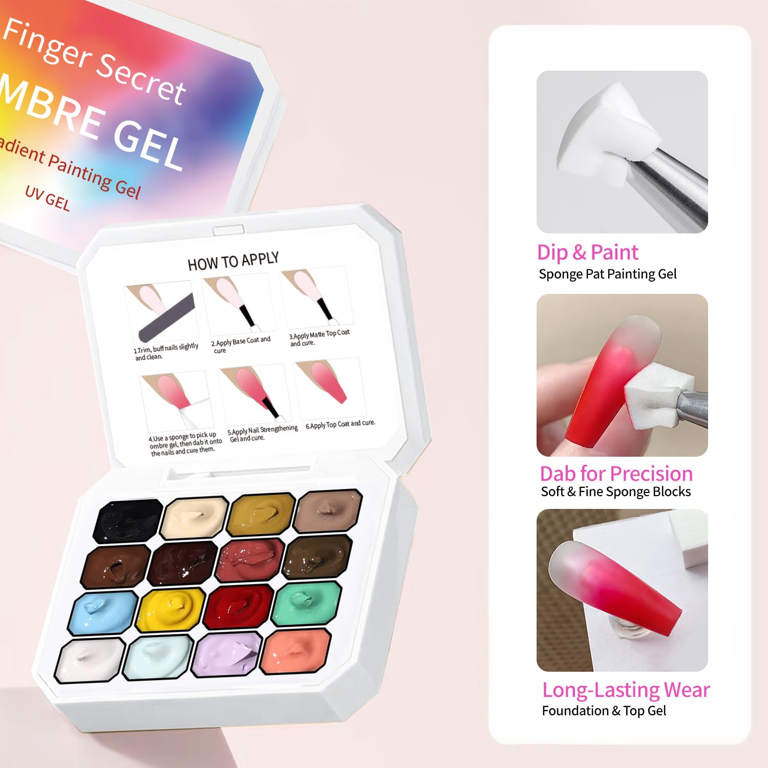Finger Secret ombre gel polish offers vibrant color transitions with easy removal.