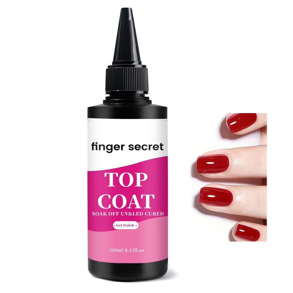 Finger Secret top coat bottle shows a clear glossy finish for gel nails.