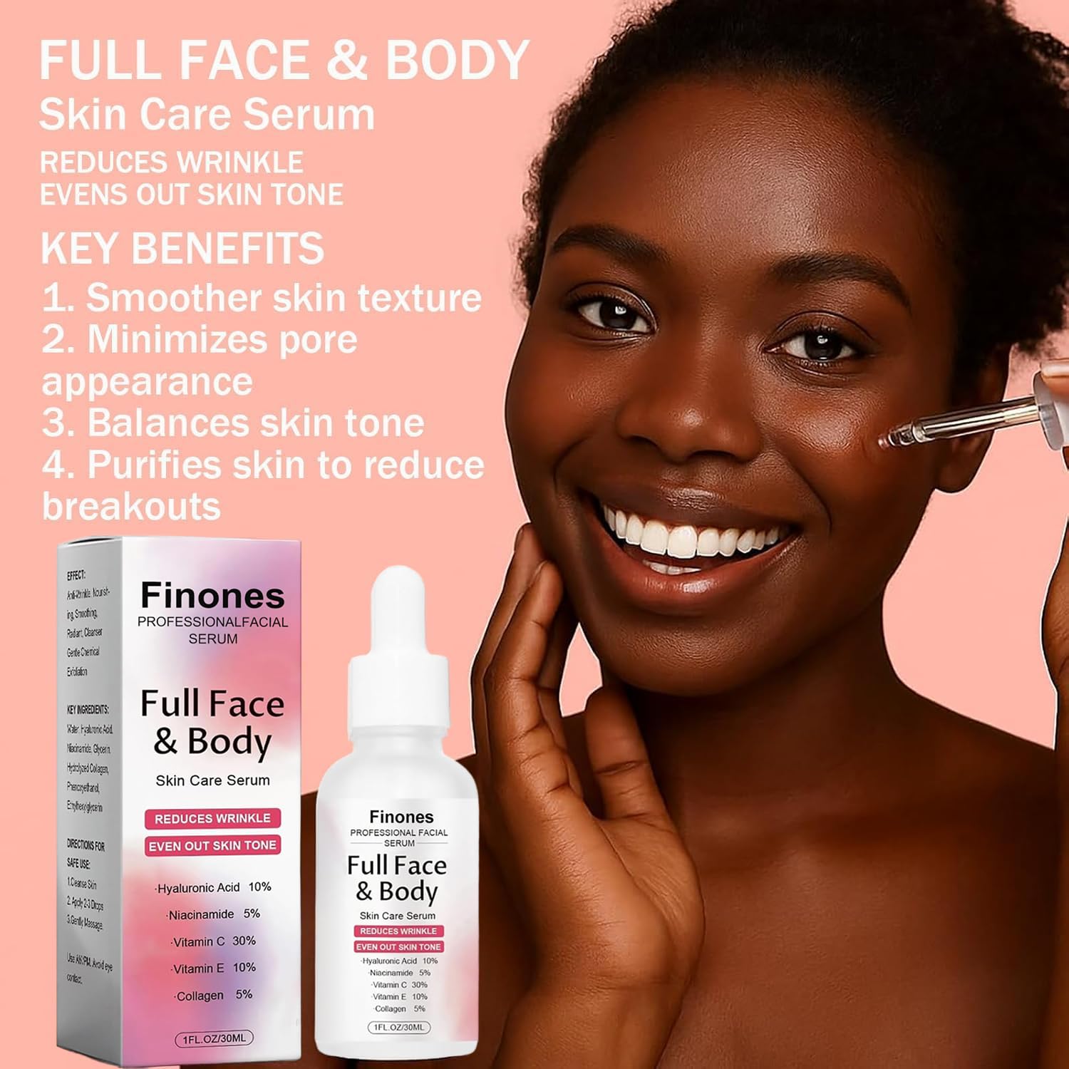 Finones 5-in-1 serum packaging emphasizing multi-benefit formula for versatile use.