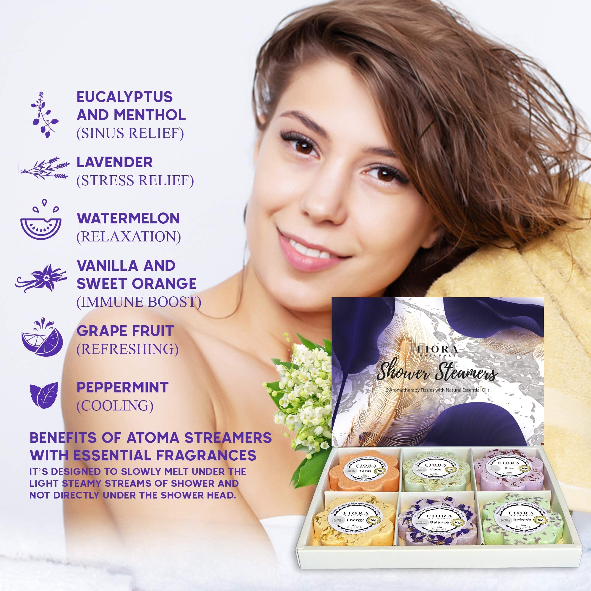 Fiora Naturals home-spa setup with shower bombs enhancing self-care routine.