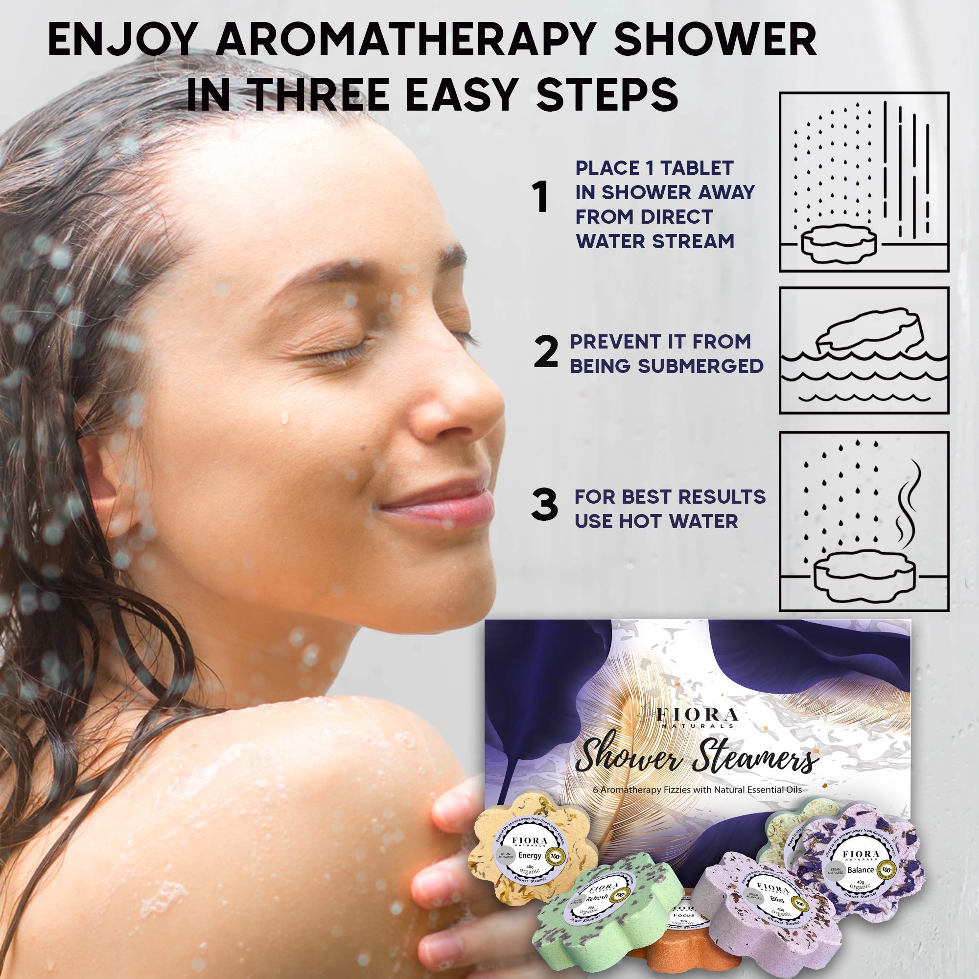 Fiora Naturals steam-release image showing vapor lifting in shower for mood lift.