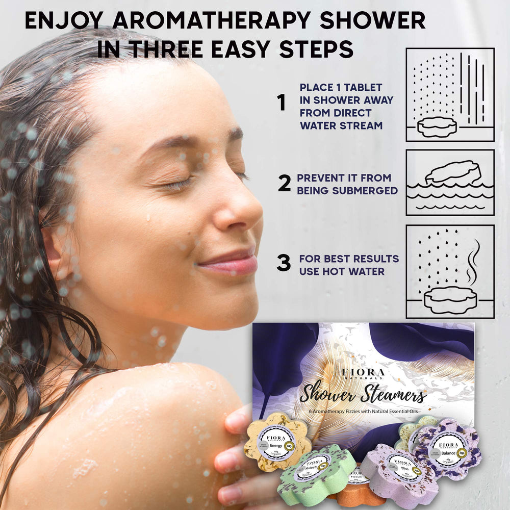 Fiora Naturals steam-release image showing vapor lifting in shower for mood lift.