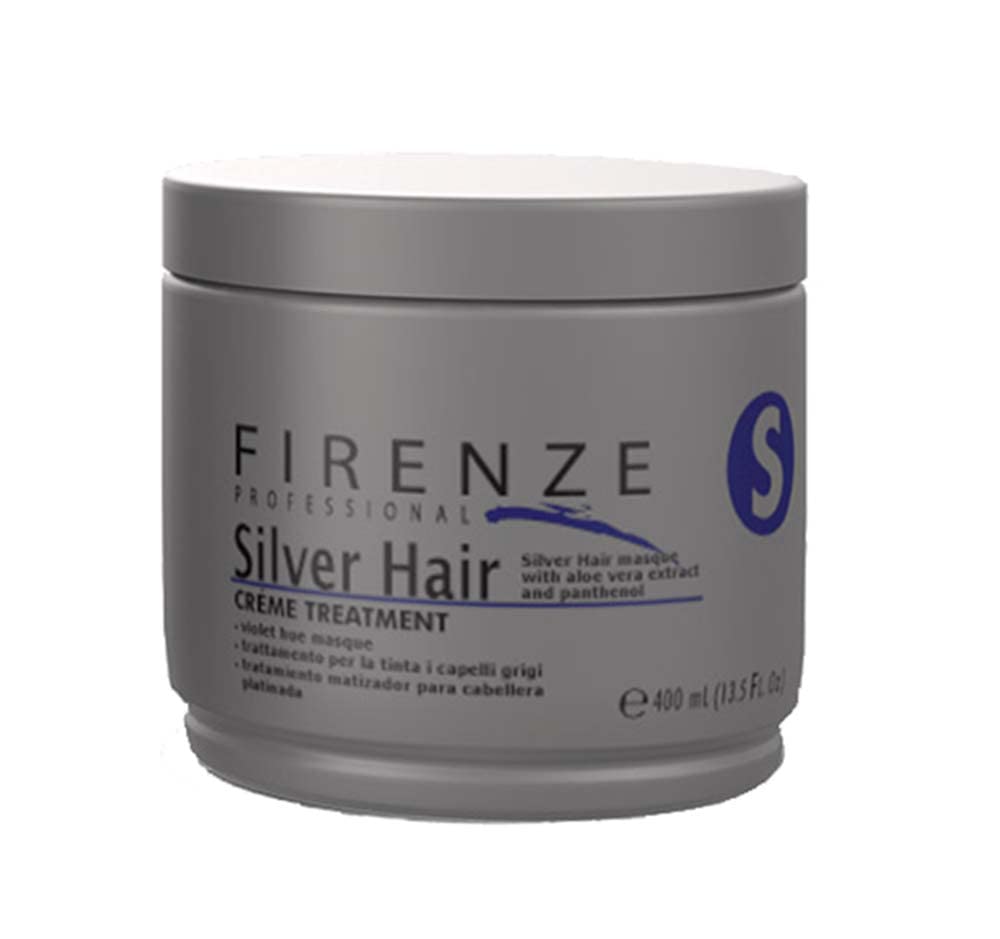 Firenze Professional Silver Hair Mask bottle neutralizes yellow tones for cool silver hair