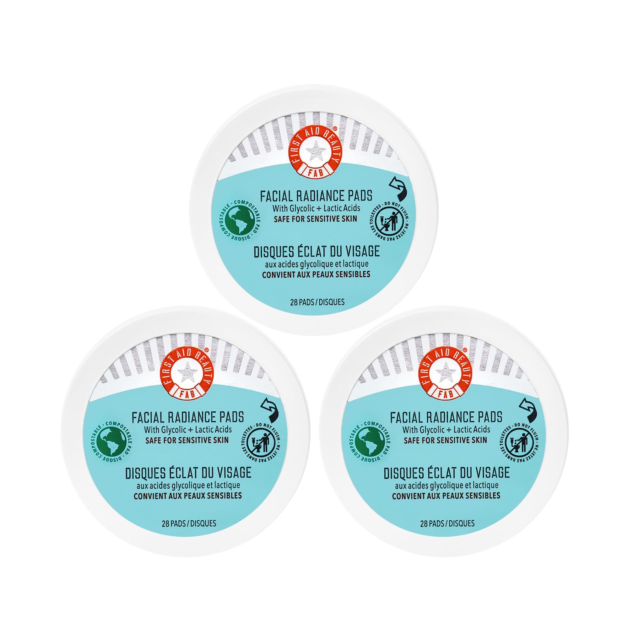 First Aid Beauty Facial Radiance Pads pack front, highlighting daily exfoliation for smoother skin.