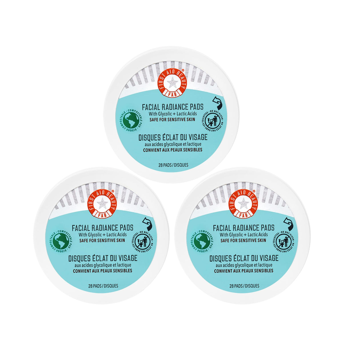 First Aid Beauty Facial Radiance Pads pack front, highlighting daily exfoliation for smoother skin.