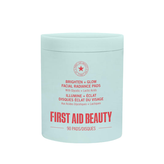 First Aid Beauty radiance pads packaging closeup highlighting compostable design.