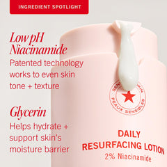First Aid Beauty Lactic Acid Lotion graphic highlights 2% Niacinamide and low pH formula.