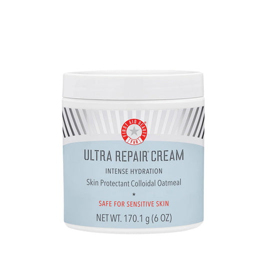 First Aid Beauty Ultra Repair Cream bottle shows quick-absorbing hydration for dry skin