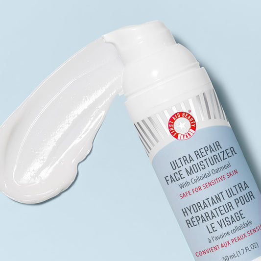 First Aid Beauty Ultra Repair jar showing creamy texture for soothing skin