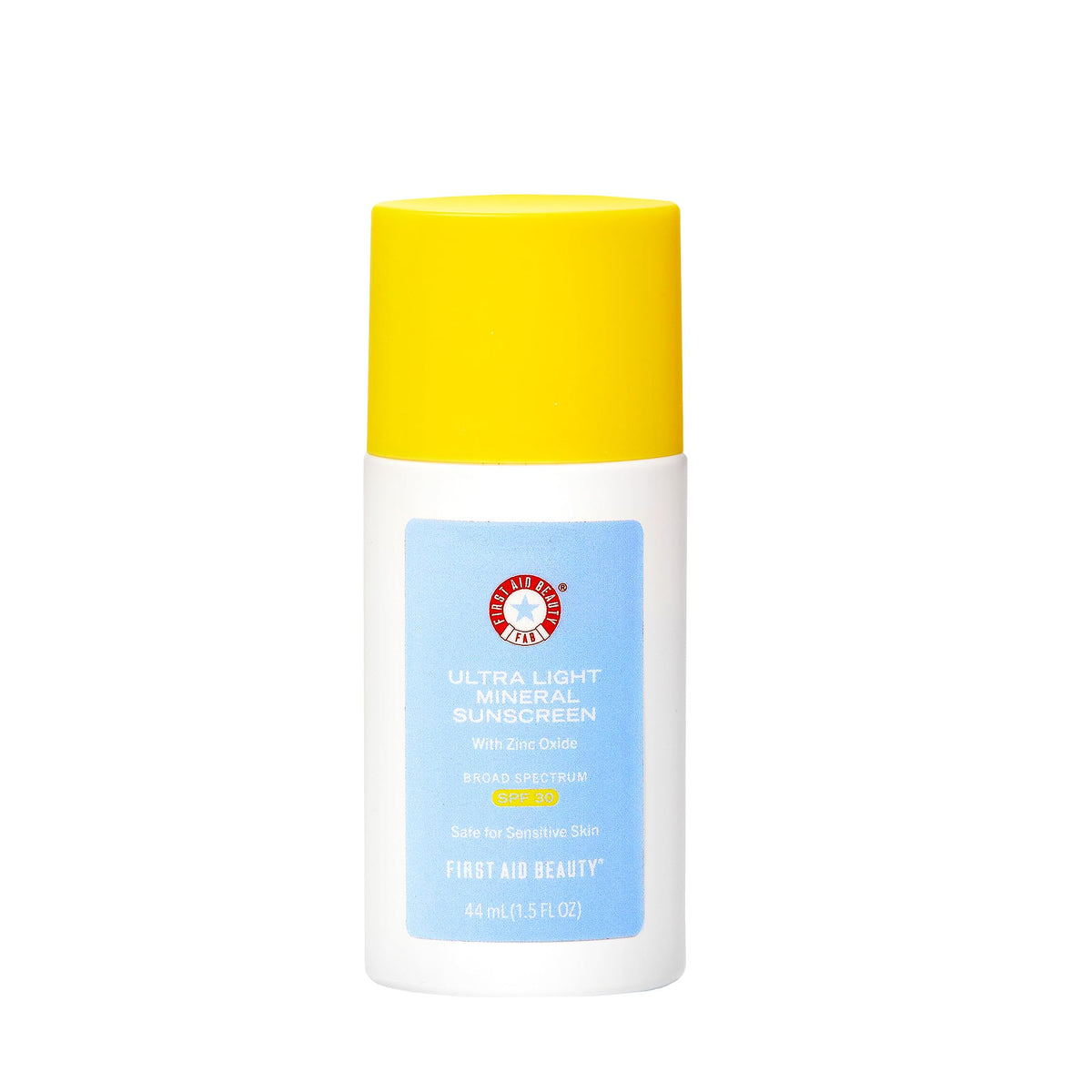 First Aid Beauty weightless liquid sunscreen bottle offering SPF 30 protection for daily use.