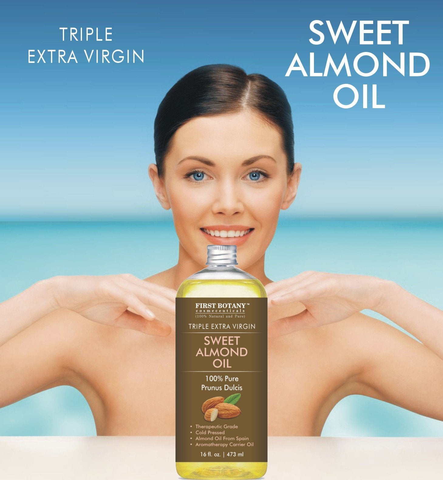 First Botany Almond Oil with pump for easy daily use in hair and skin.