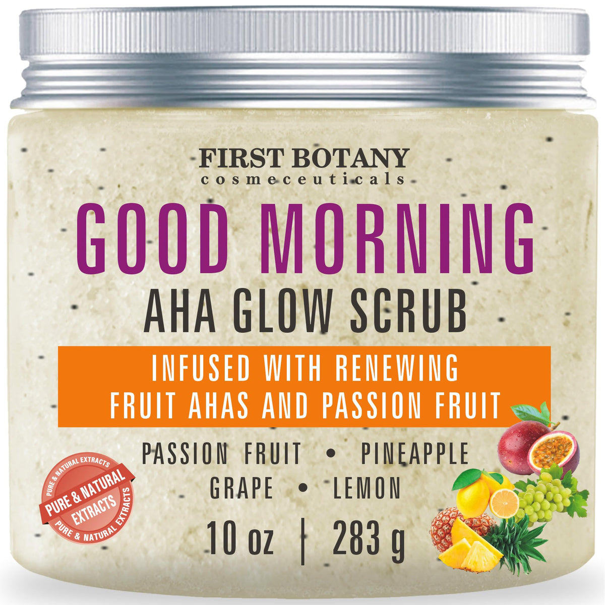 First Botany Body Scrub packaging with passion fruit aroma promotes a refreshing exfoliation routine.