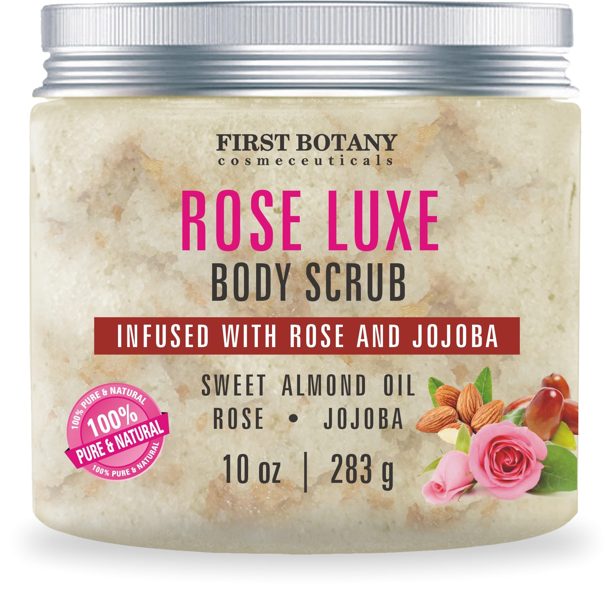 First Botany Body Scrub bottle with rose exfoliation for smoother skin