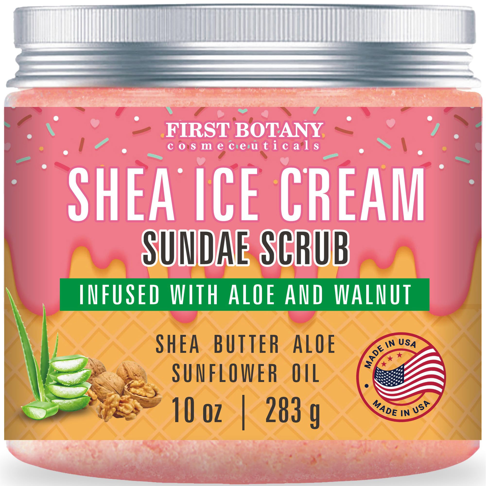 First Botany Body Scrub with Shea Icecream texture delivers creamy exfoliation for smoother skin.