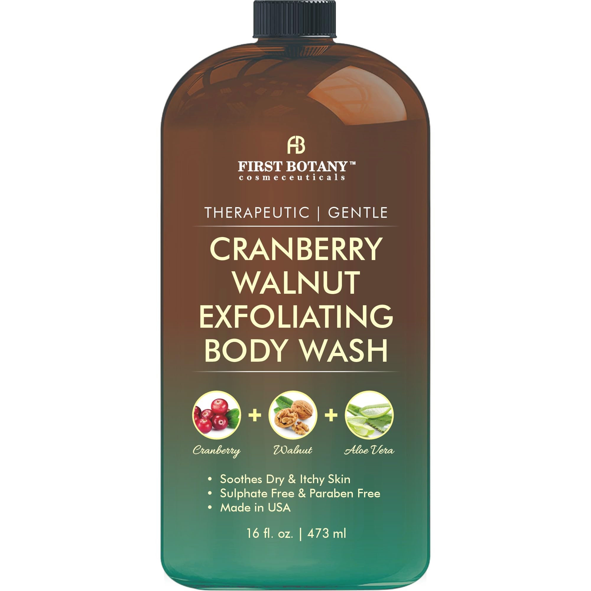First Botany bottle pour with cranberry-walnut body wash for a refreshing cleanse
