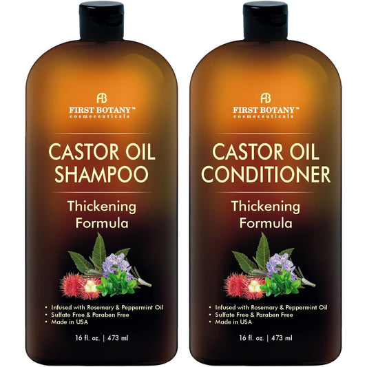 First Botany Castor Oil Shampoo bottle top view, refreshing cleanse for scalp and shine.
