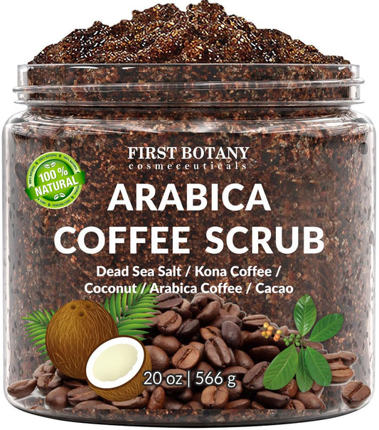 First Botany Coffee Scrub jar closeup showing natural ingredients for gentle exfoliation