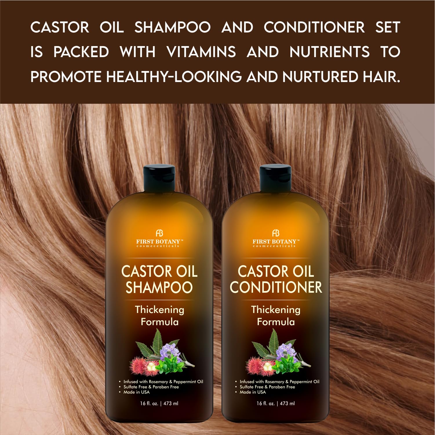 First Botany Castor Oil Conditioner after-use, smooth, shiny strands with vitamin-enriched hydration.