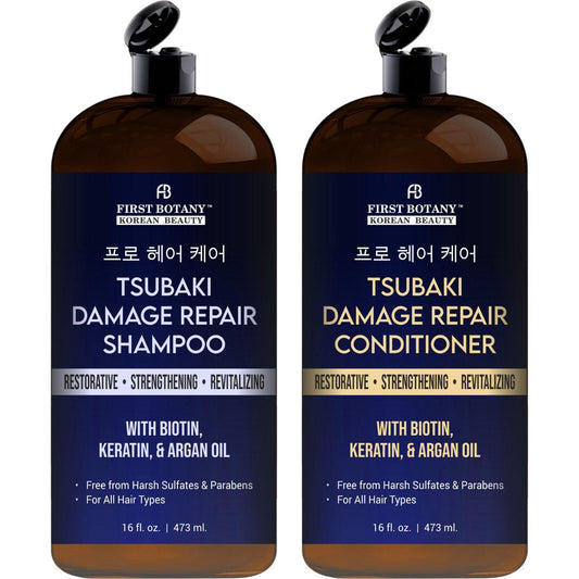 First Botany Damage Repair Shampoo bottle being poured for strong, revitalized hair
