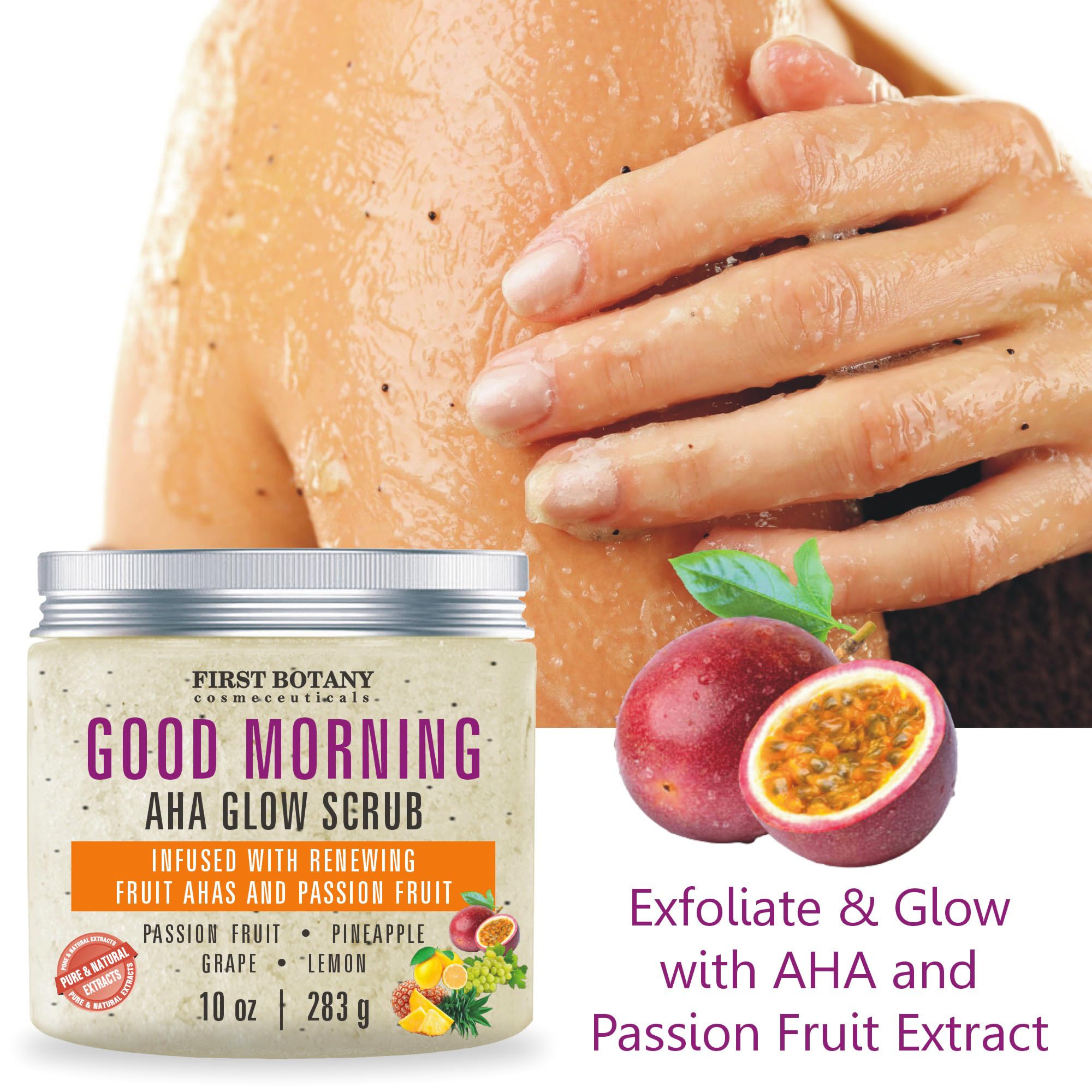 Close-up of exfoliating salt and maracuja seeds smoothing skin texture.
