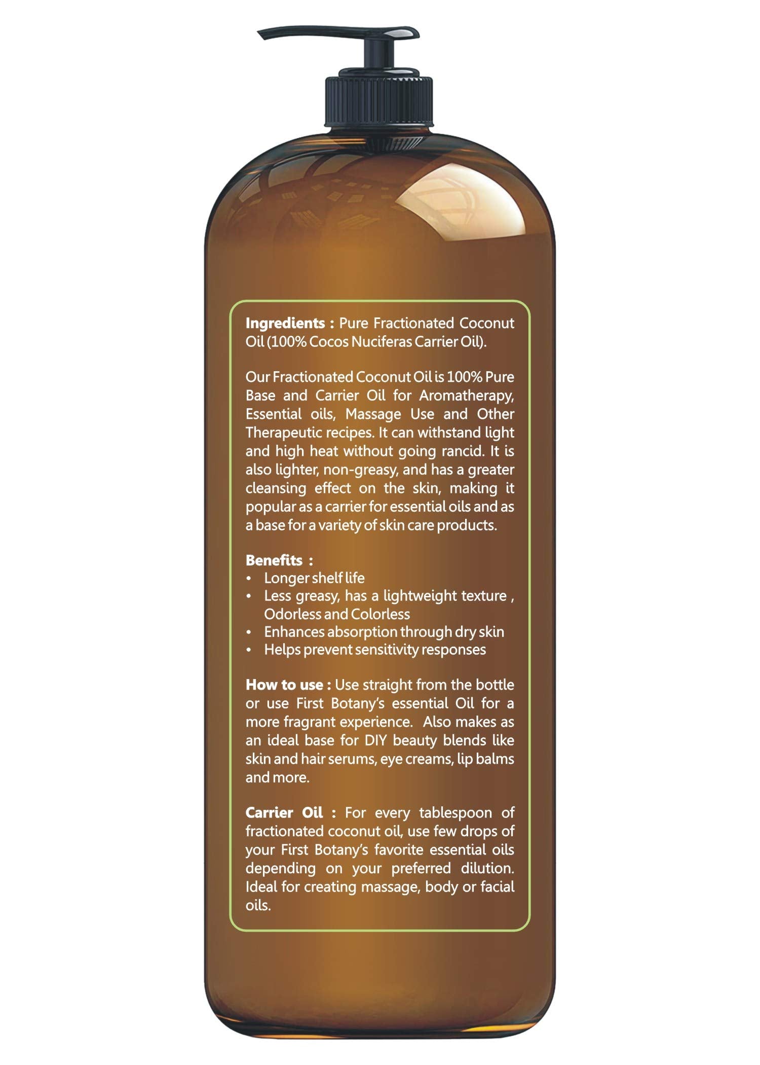 First Botany fractionated coconut oil bottle pour enables easy, quick applications