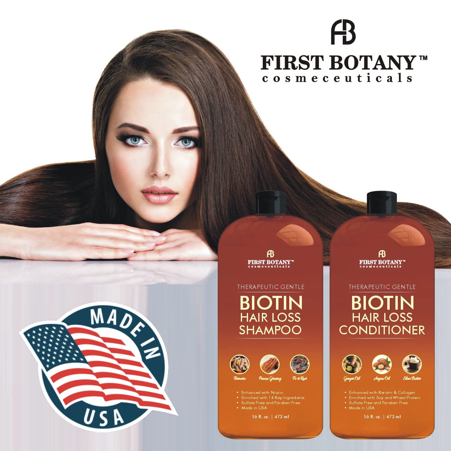 First Botany Conditioner bottle demonstrates DHT-blocker blend supporting healthy hair strands.