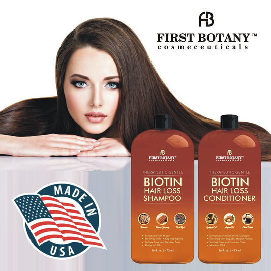 First Botany Conditioner bottle demonstrates DHT-blocker blend supporting healthy hair strands.