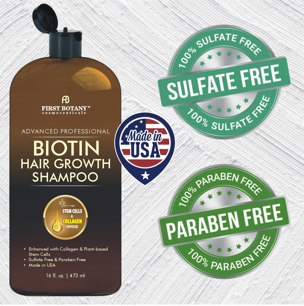 Formula highlights biotin and collagen on First Botany ingredient packaging.