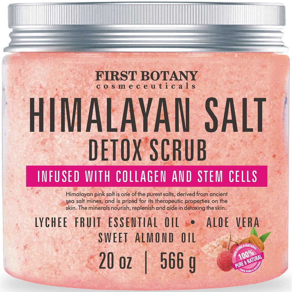 First Botany Himalayan Salt Body Scrub bottle pour reveals exfoliating action for smooth skin