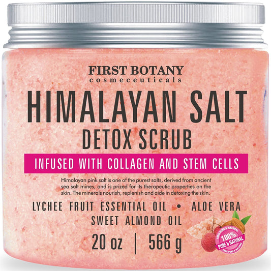 First Botany Himalayan Salt Body Scrub bottle pour reveals exfoliating action for smooth skin