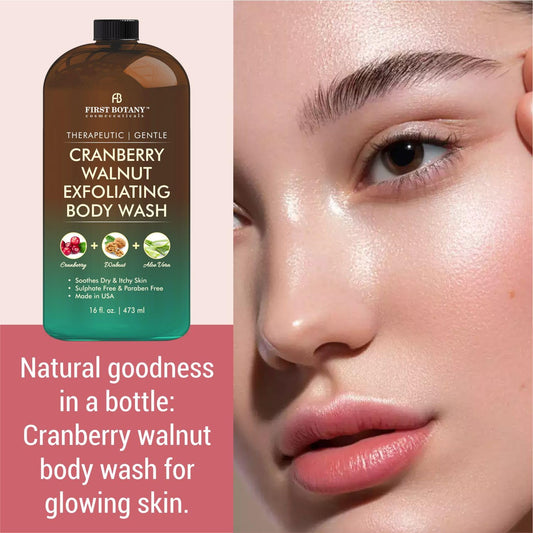 First Botany lather-foam close-up highlights gentle cleansing with cranberry-walnut scent