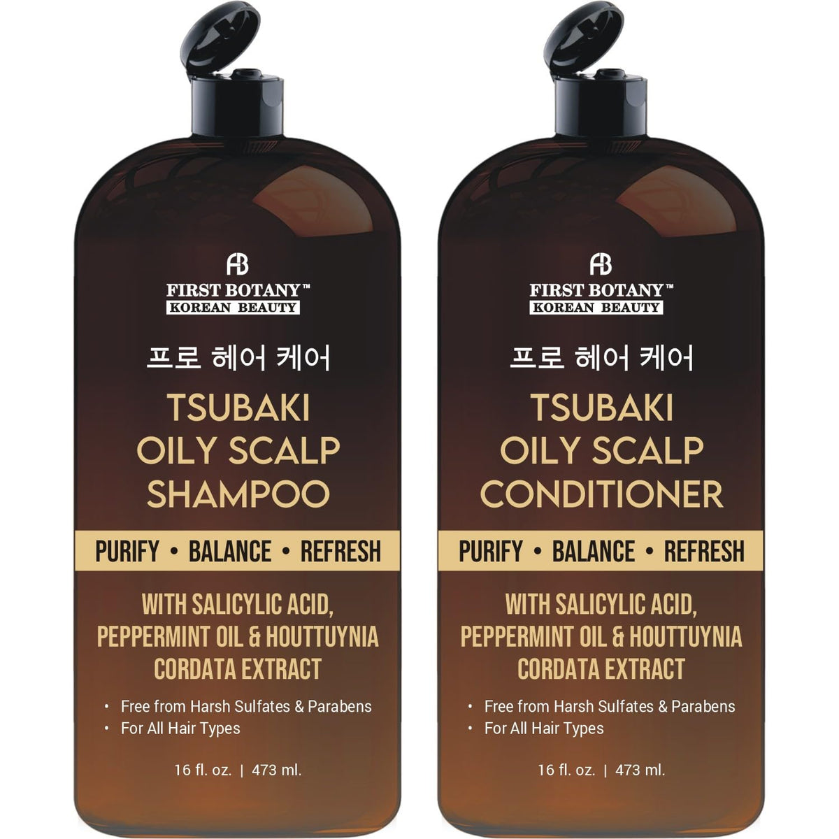 First Botany Oily Scalp Shampoo bottle pour showing a refreshing cleanse that helps balance scalp oil.