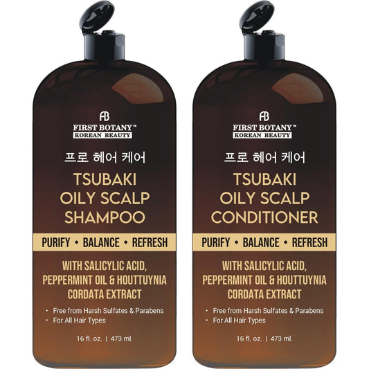 First Botany Oily Scalp Shampoo bottle pour showing a refreshing cleanse that helps balance scalp oil.