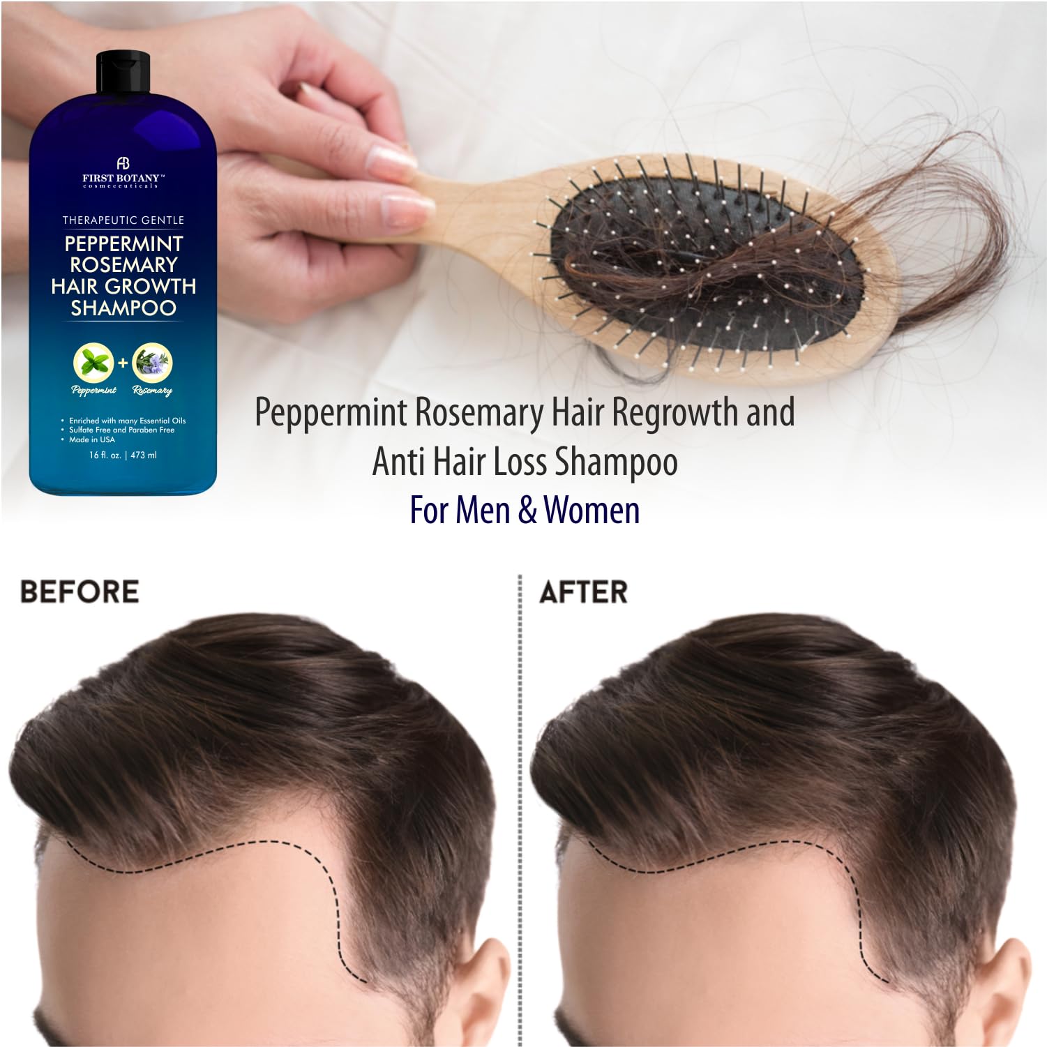 First Botany Peppermint Rosemary Shampoo hair closeup showing volume and shine