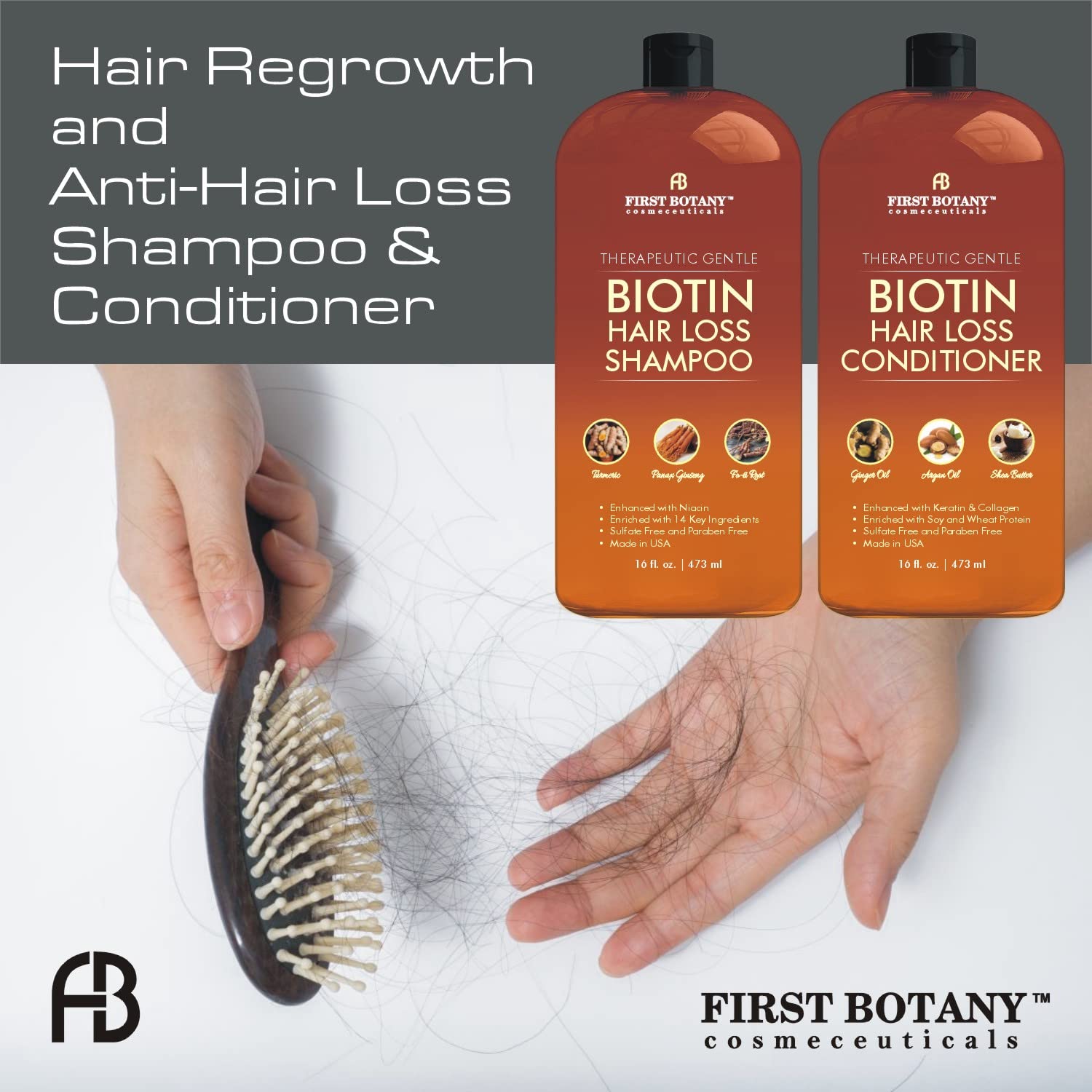 First Botany Shampoo label shows botanicals and biotin ingredients for everyday hair care.