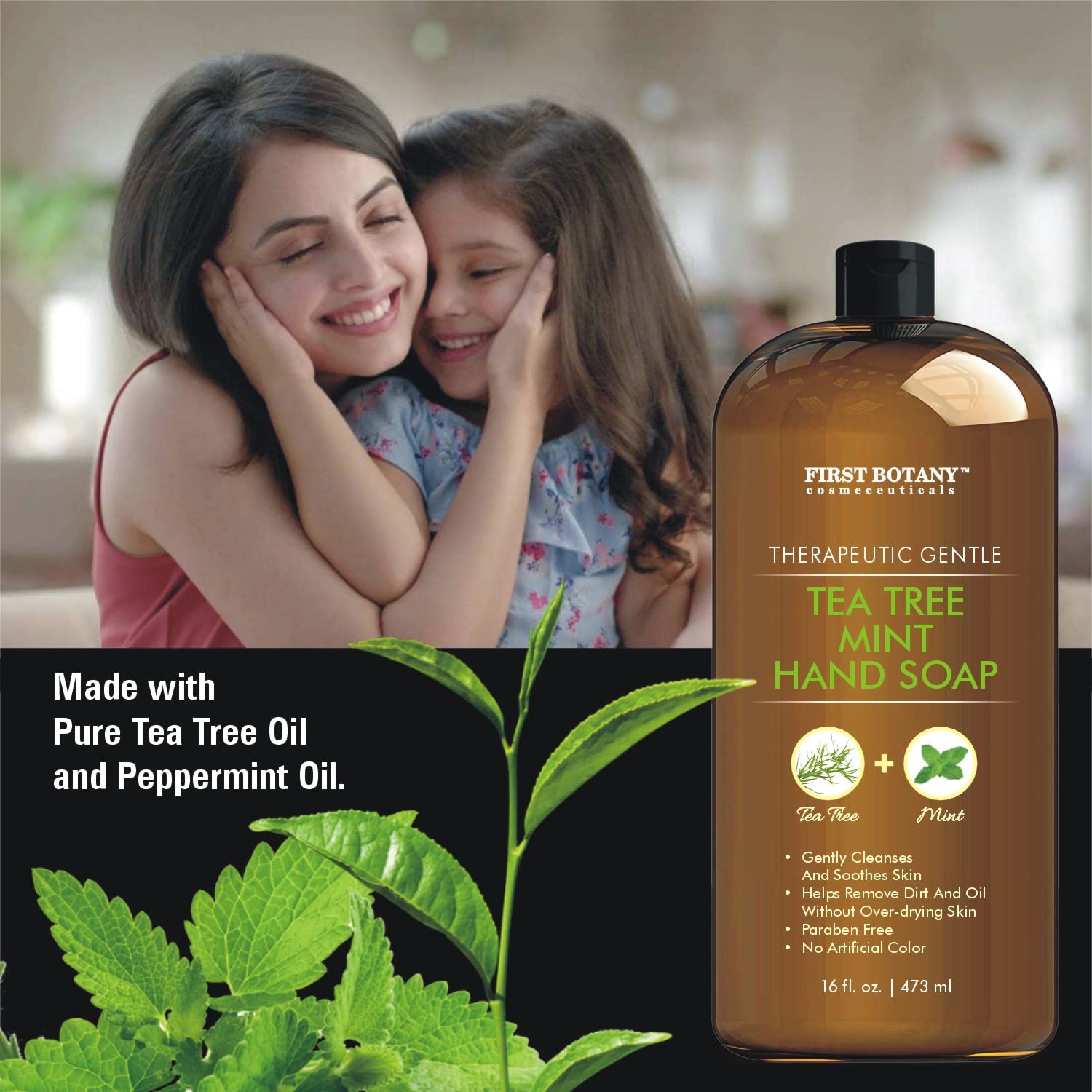 First Botany Tea Tree Mint Hand Soap label close-up featuring tea tree oil for fresh skin.