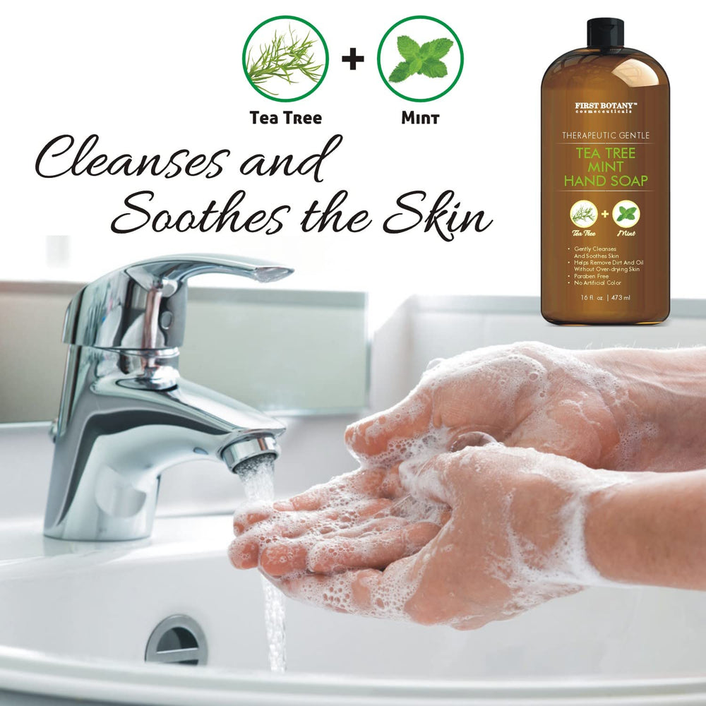First Botany Tea Tree Mint Hand Soap pump dispensing for daily cleansing.
