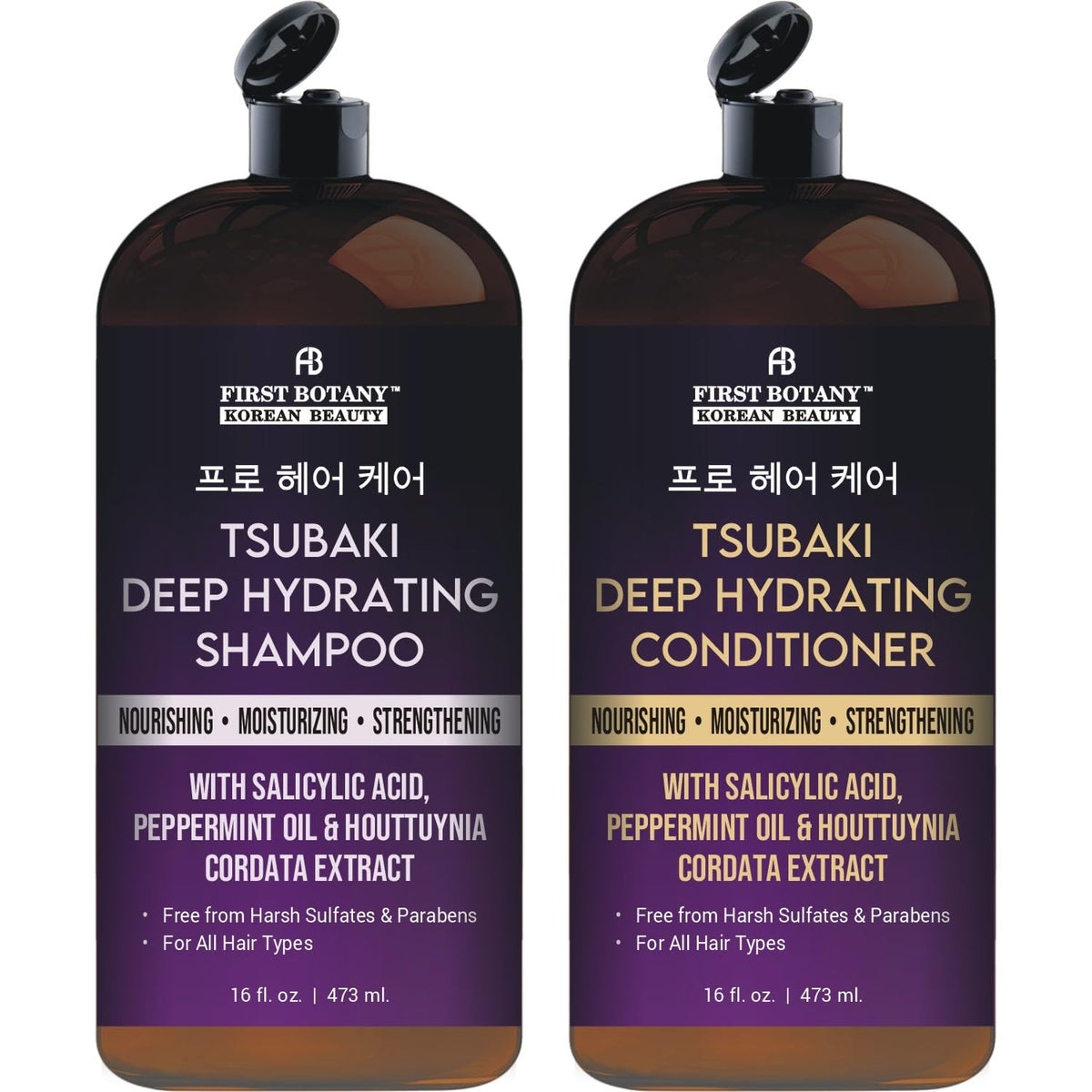 First Botany Tsubaki deep hydrating shampoo bottle delivers hydration and frizz control for all hair types.