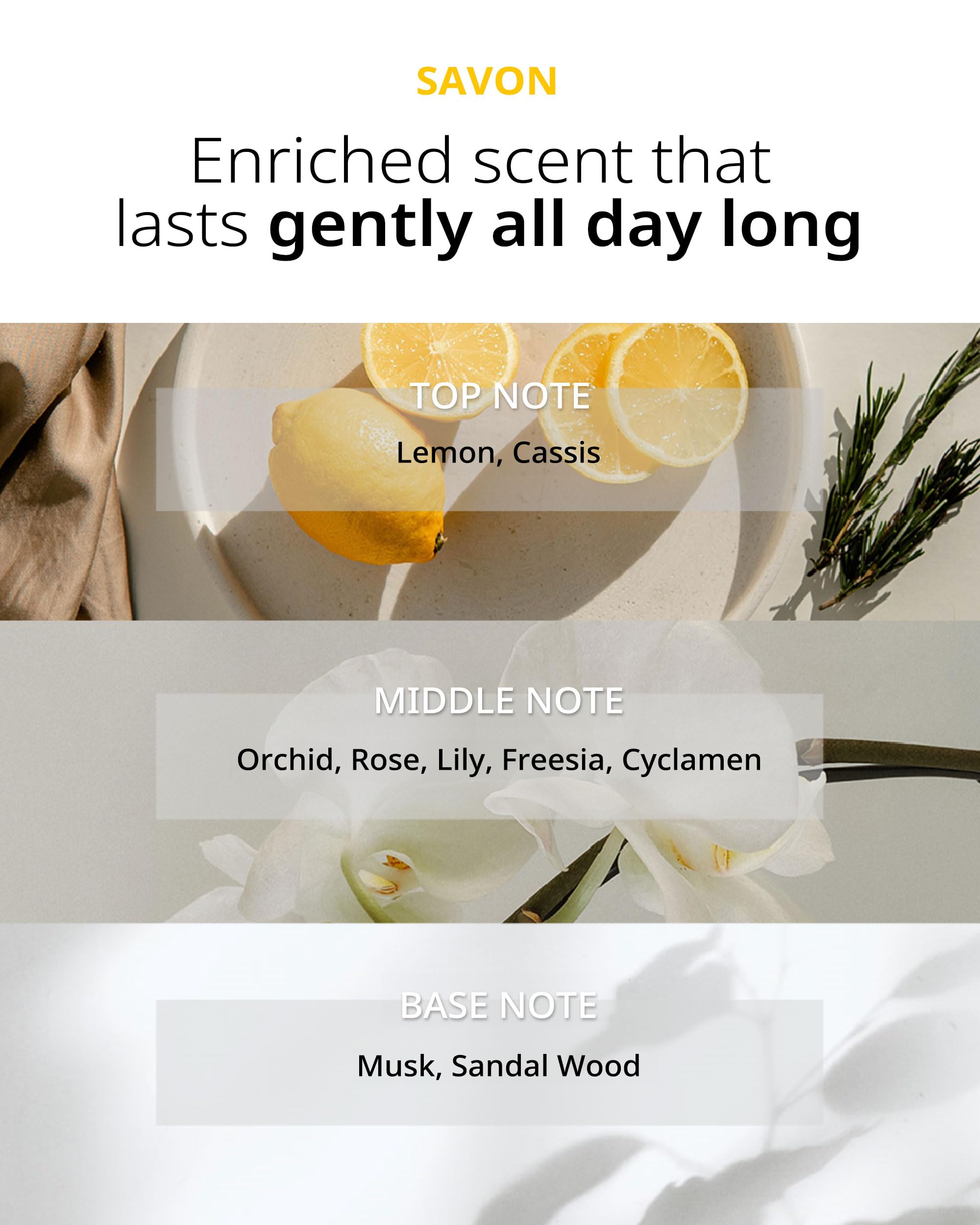 Savon fragrance notes citrus lemon, orchid, sandalwood.