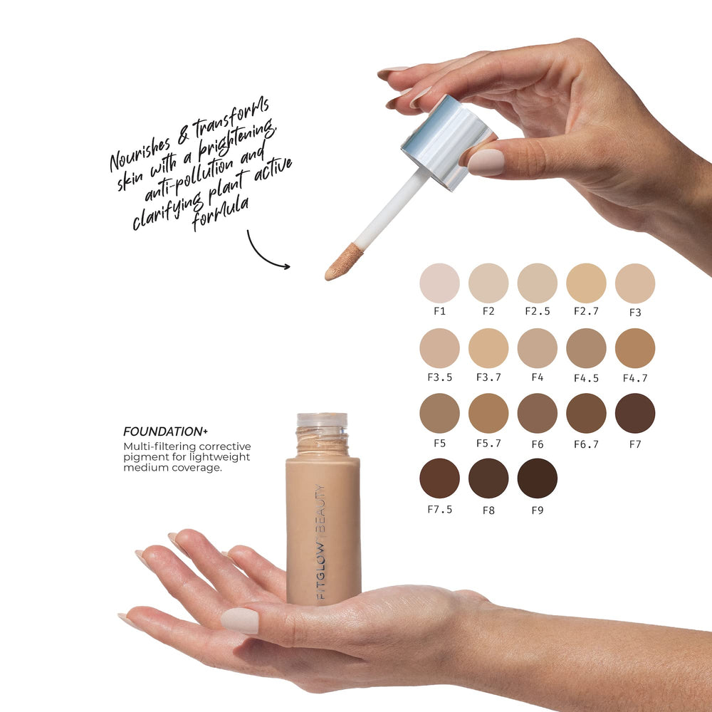Fitglow Foundation+ shade F8 swatch showing deep neutral undertones