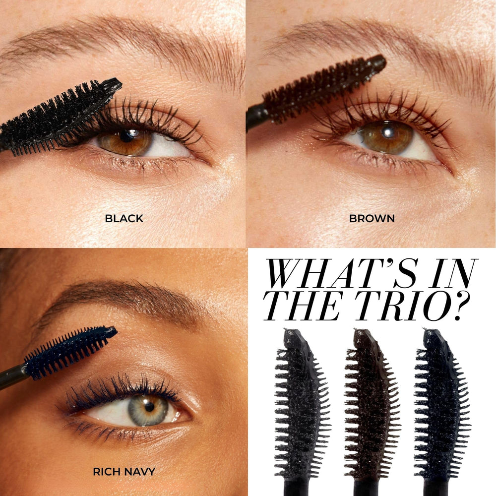 Close-up of Fitglow Good Lash+ mascara tubes showing Black, Brown, Navy shades for defined eyes