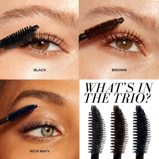 Close-up of Fitglow Good Lash+ mascara tubes showing Black, Brown, Navy shades for defined eyes