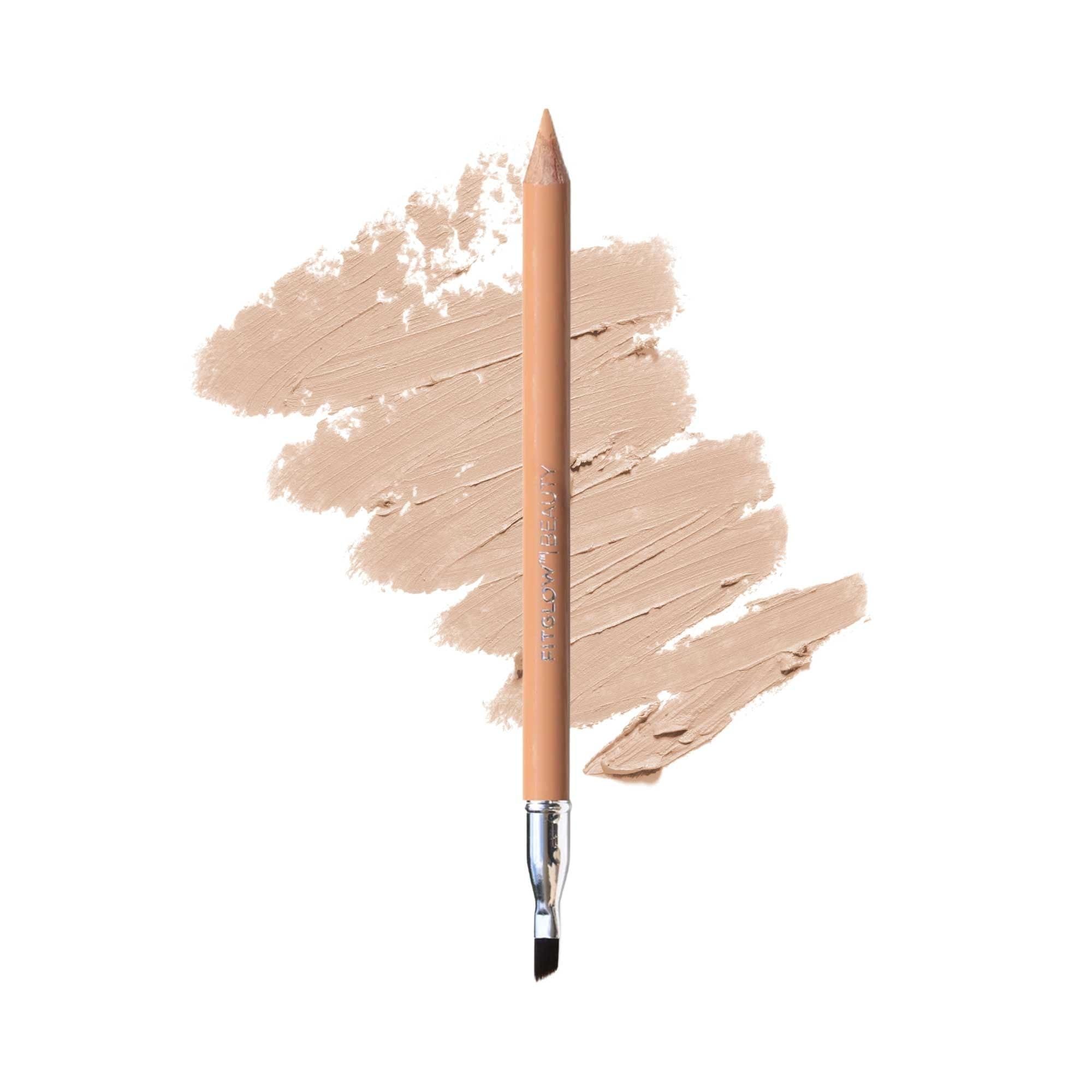 FITGLOW vegan eyeliner pencil beige cap closeup demonstrates long-lasting, smudge-proof color.