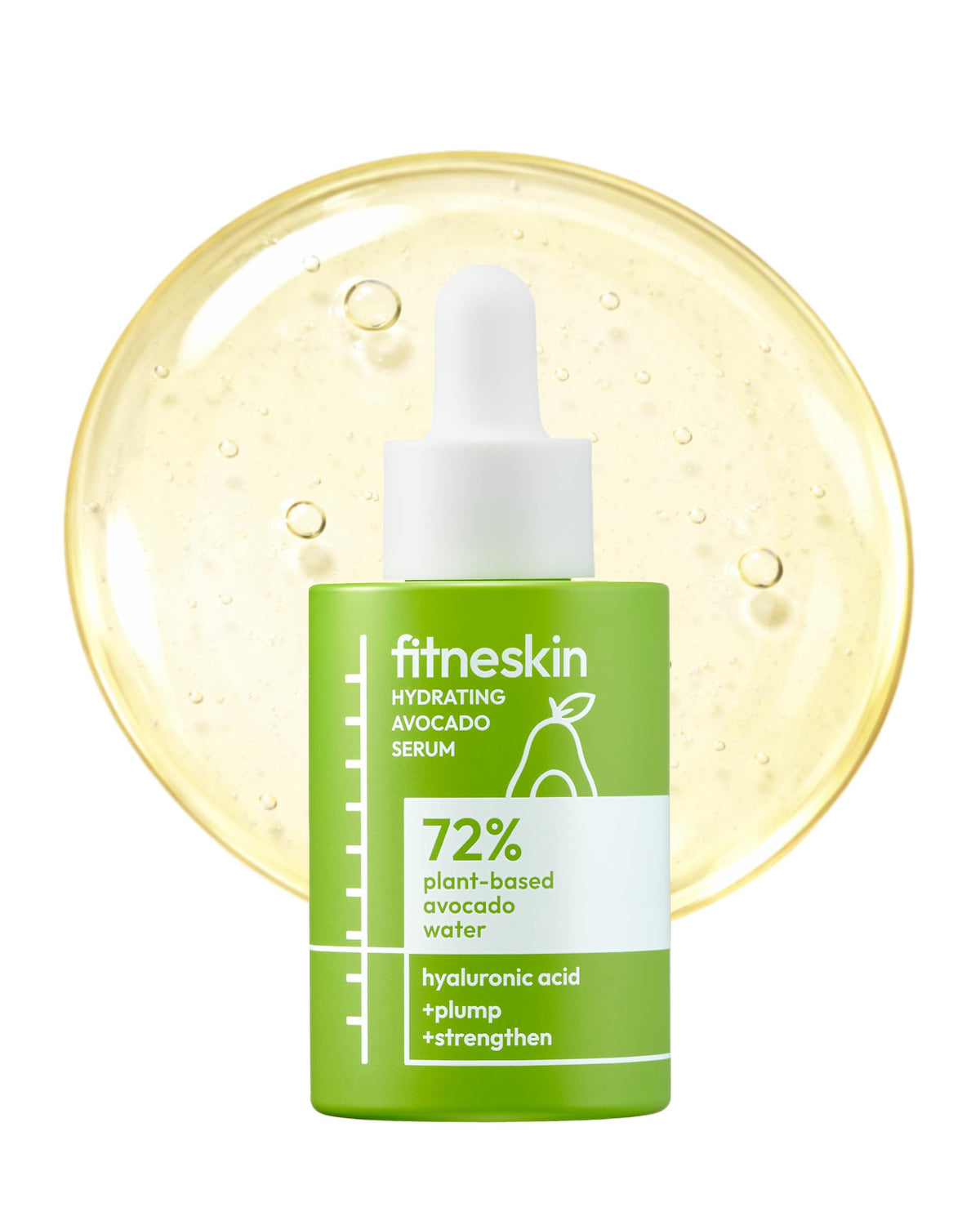 fitneskin Hydrating Avocado Serum bottle shows fragrance-free vegan formula for daily moisture