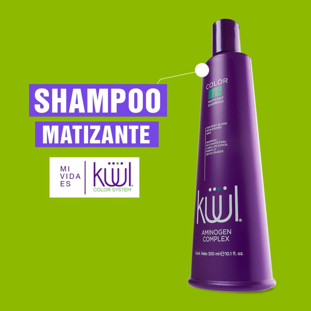 Five Brothers Kuuul Purple Shampoo bottle pour reveals violet pigments to reduce brassiness.